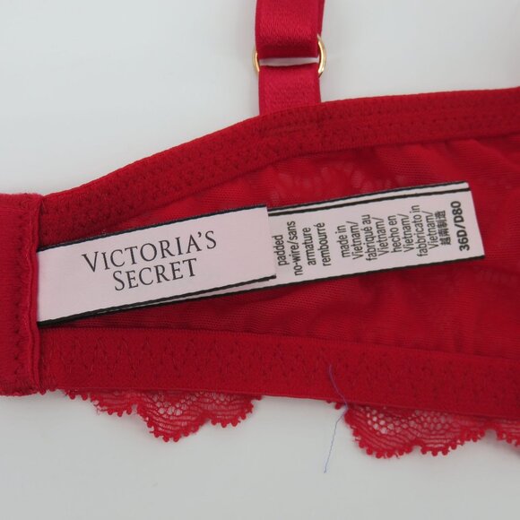 Victorias Secret 36D Dream Angels Padded No Wire Bra Red Lace Bow Wireless Sexy - Picture 10 of 15